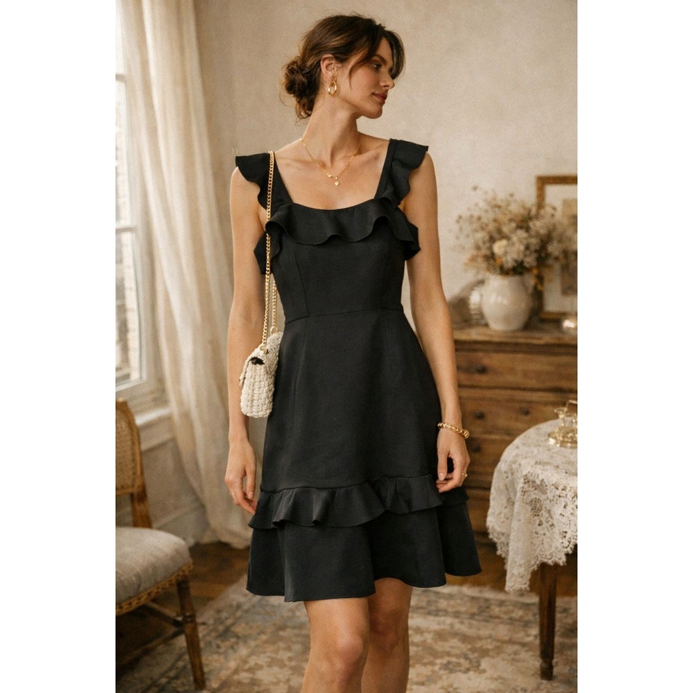 Lilly Pulitzer Black Ruffle Scuba Fit and Flare Dress Size 2 Gold Zip 002677